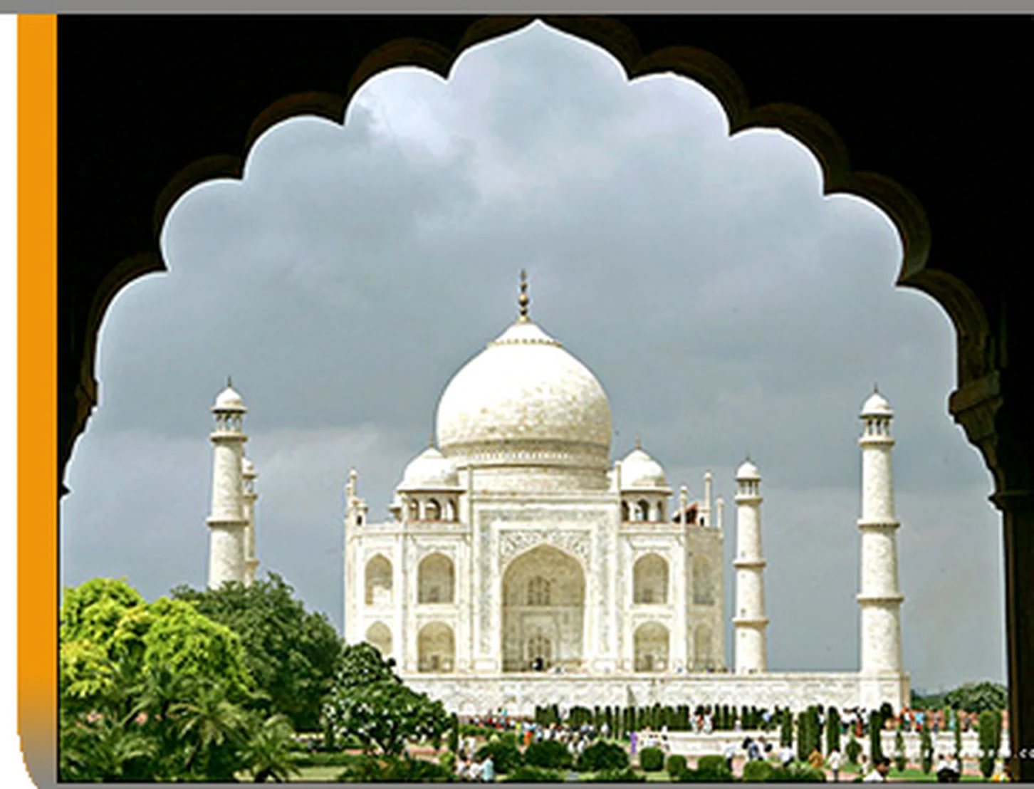 Taj Mahal framed by a decorative arch in Agra